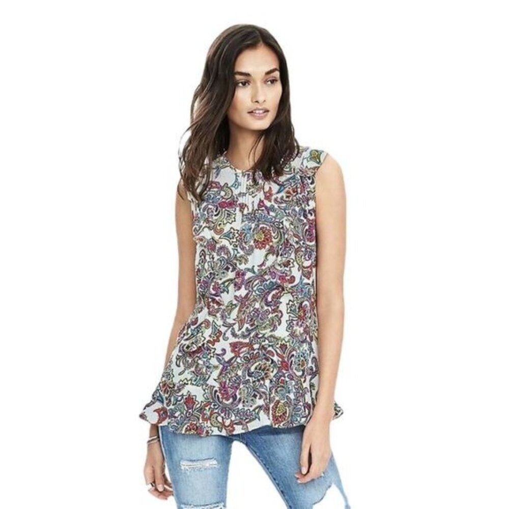 Banana‎ Republic Paisley Pintuck Ruffle Top XS NWT